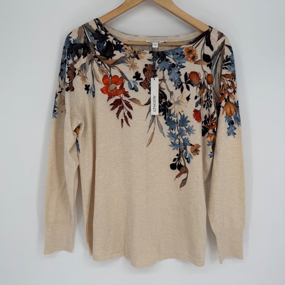 Chico's Sweater Autumn Bateau Pullover Ecru Floral Fall Feminine Size Large